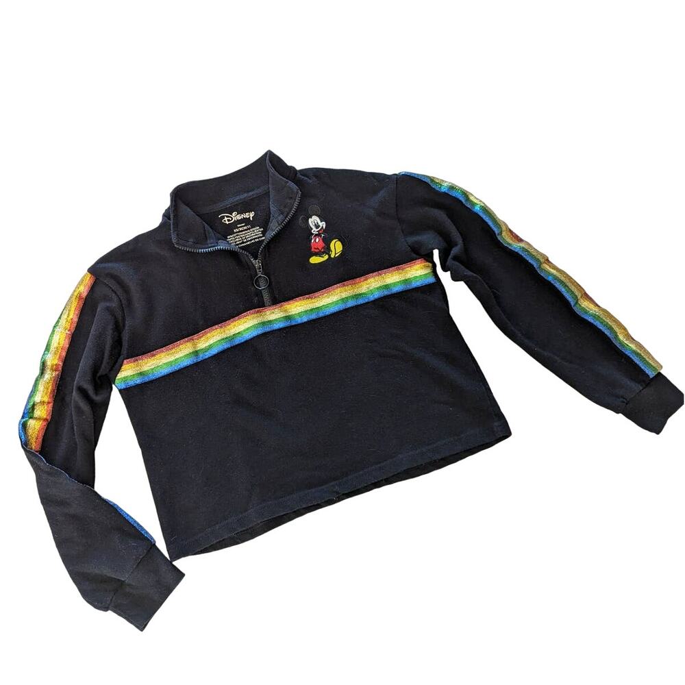 Disney Mickey Mouse Rainbow Stripe Quarter Zip Crop Pullover SweaterXS